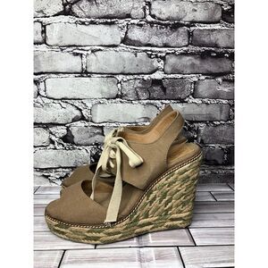 Tory Burch Taupe Canvas Textile Green Tan Espadrilles Wedge Women Sz 10M US/41EU